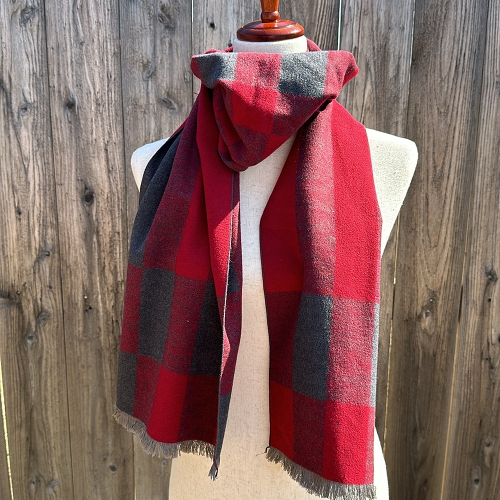 Chelsea by Joseph Red and Grey Checkerboard Plaid Silk Scarf Wrap